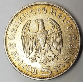 Jager 0360 - 5 Reichsmark 1936 A Hindenburg silver coin