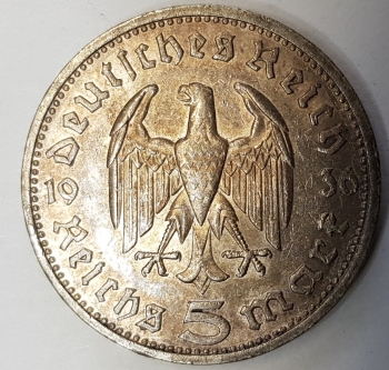 Jager 0360 - 5 Reichsmark 1936 E xf-unc Hindenburg silver coin