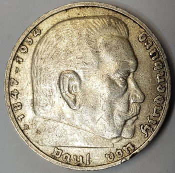 Jager 0360 - 5 Reichsmark 1936 D Hindenburg silver coin