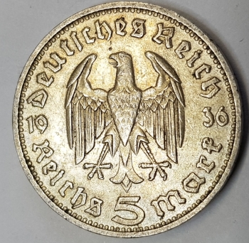 Jager 0360 - 5 Reichsmark 1936 D Hindenburg silver coin