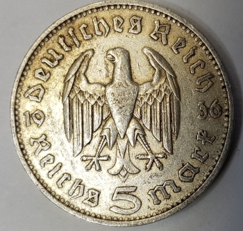Jager 0360 - 5 Reichsmark 1936 F silver coin