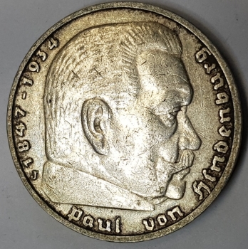 Jager 0360 - 5 Reichsmark 1936 J Hindenburg silver coin