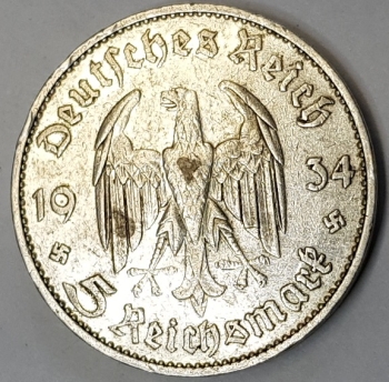 Jager 0357 - 5 Reichsmark 1934 G Garrison Church Potsdam silver coin