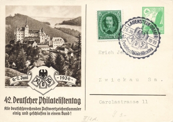 42. Deutscher Philatelistentag 1936 Privatganzsache 5 Pfennig Luftpost Sonderstempel Lauenstein 7.6.1936