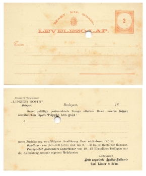 Hungary 2 filler postal stationery with private overprint Spiritus Raffinerie Linzer around 1885 *