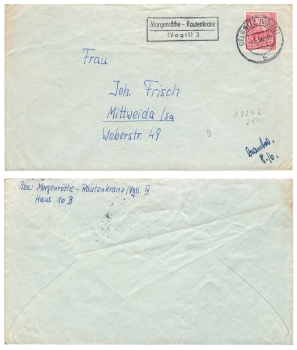 08262 Morgenrothe-Rautenkranz (Vogtl) 3 country postmark o Oelsnitz (Vogtl.) June 7, 1956