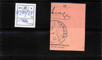 Deutsche Post in Marokko Michel 57 und 58IA auf Paketkartenausschnitt rückseitiger Ankunftsstempel Tanger 1913