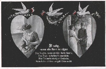 Heart woman with letter and couple at the door, pigeons 02/03/1917