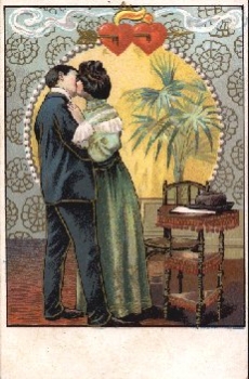 Heart kiss man and woman kiss heart arrow embossed card * ca, 1910