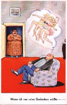 Husband dreams of pin-up girls humor card * ca.1960