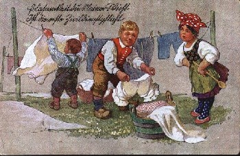 woman with wooden spoon men hanging laundry humor card on br. 5.6.1917