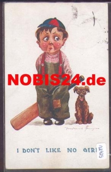 Kricket Kind mit Schläger und Hund Künstlerkarte o 25.4.1913
