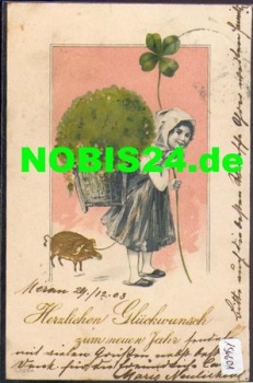 Pig child with clover carrying basket New year card embossing card o 30.12.1909