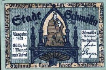 04626 Schmölln, Städtenotgeld, Wert 50 Pfg., Rückseite Pfeifenraucher, 1921