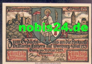 Eisenach Städtenotgeld Wert 50 Pfennige Luthers Gefangennahme, 1921