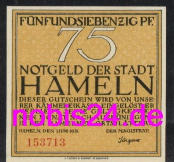 31787 Hameln Notgeld 75 Pfennige 1921