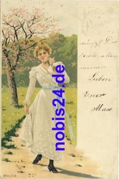Girl in a white dress artist card Mailick o 1900
