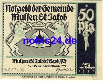 08132 Mulsen St. Jacob Notgeld 50 Pfennige 1921