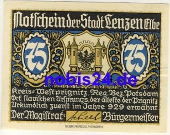 19309 Lenzen emergency money 75 pfennigs around 1920