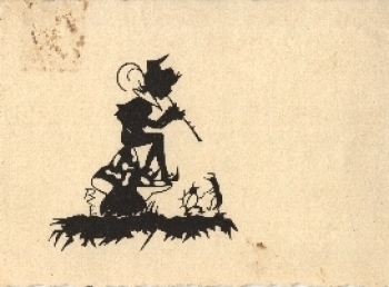 Kind mit Flöte tanzende Käfer Scherenschnittkarte gebr. ca. 1940