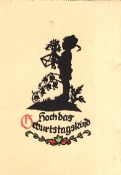 Geburtstagswünsche Kind mit Blumen Scherenschnittkarte * ca. 1940