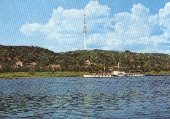 Elbe steamer with the Dresden-Wachwitz television tower on October 1st, 1974