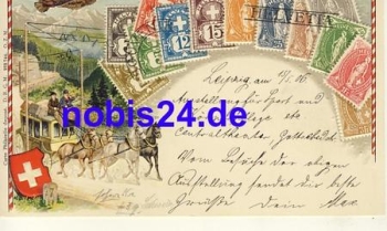 Postage stamp embossing card stagecoach Switzerland o 1906