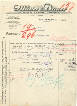 Metzingen Müller & Bauer Blechemballagenfabrik Tin can letterhead 1934