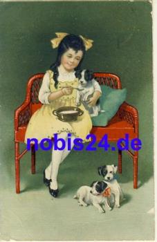 Girl with young dogs artist card o ca.1920