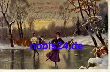 Neujahr  Eislaufen Künstlerkarte o 1909