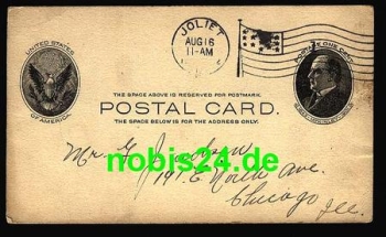Illinois Joliet postal stationery flag stamp o 08/16/1907