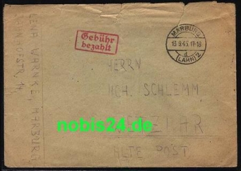 Marburg red fee paid stamp 13.9.1945