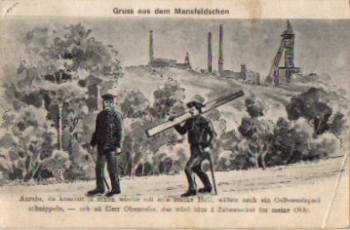 06343 Mansfeldchen humor card man with ax and latte, colliery o April 10, 1907