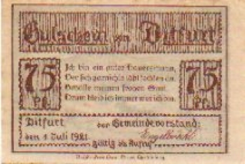 06484 Ditfurt city emergency money 75 pfennigs 1921