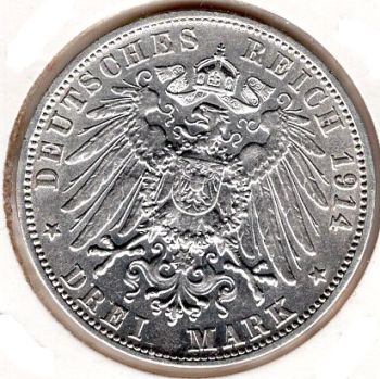 3 Mark Baden 1914 Frederick II Silver Coin