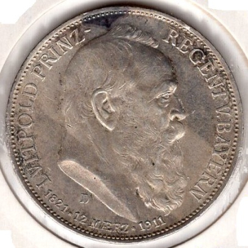 3 Mark Bavaria 1911 Luitpold For his 90th birthday and 25th anniversary of his regency