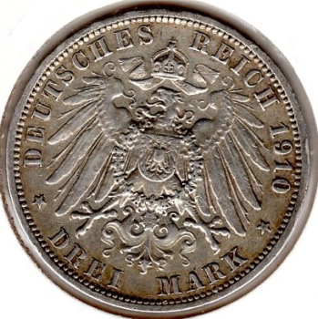 3 Mark Prussia 1910 Wilhelm II Silver Coin