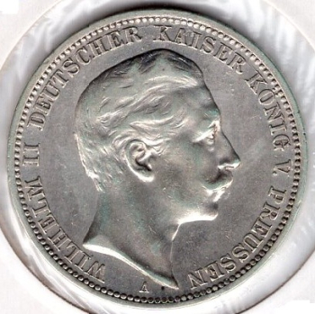 3 Mark Prussia 1908 Kaiser Wilhelm II Silver Coin