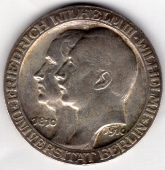 3 Mark Prussia 1910 100 Years of the University of Berlin Silver Coin