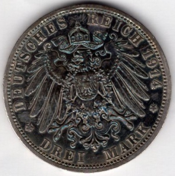 3 Mark Prussia 1914 Kaiser Wilhelm II in uniform for the 25th anniversary of his reign