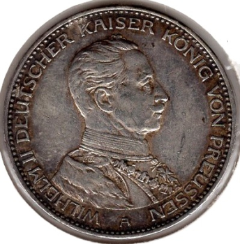3 Mark Preussen 1914 Kaiser Wilhelm II in Uniform zum 25. Regierungsjubiläum