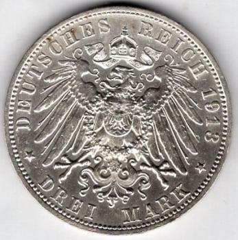 3 Mark Saxony 1913 Friedrich August silver coin