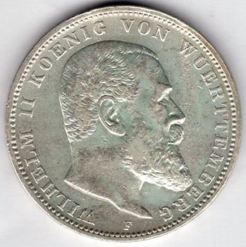 3 Mark Wuerttemberg 1908 Wilhelm II Silver Coin