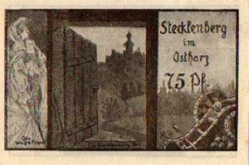 06507 Stecklenberg, Städtenotgeld, Wert 75 Pfennige, Die Weisse Frau 1921