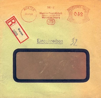 Wurzen R-Brief mit Absenderfreistempel Teppichfabrik o 24.11.33