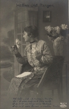 Young woman with rose "hope and fear" series card 34627/2 * ca. 1930