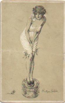Frau auf Hocker wegen Maus Humor Künstlerkarte Zehle * ca. 1910