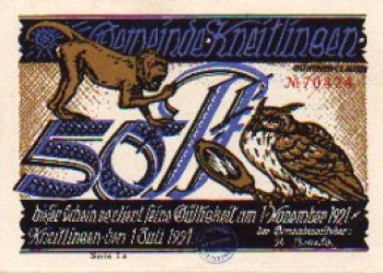 Städtenotgeld, Meerkatzen und Eule, Wert 50 Pfennig, rückseitig Eulenspiegel, 1921