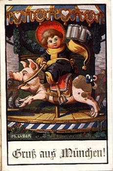 Pig child with beer mugs on carousel artist card M. Luber, gebr. 09/17/1922