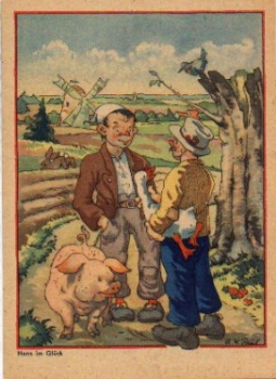 Hans im Gluck artist card A.W. Pau Pigs Windmill Goose Fairy Tale Card * ca.1950